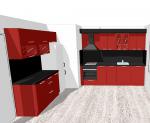 Ъглова кухня с остров  в черно и червено за апартамент